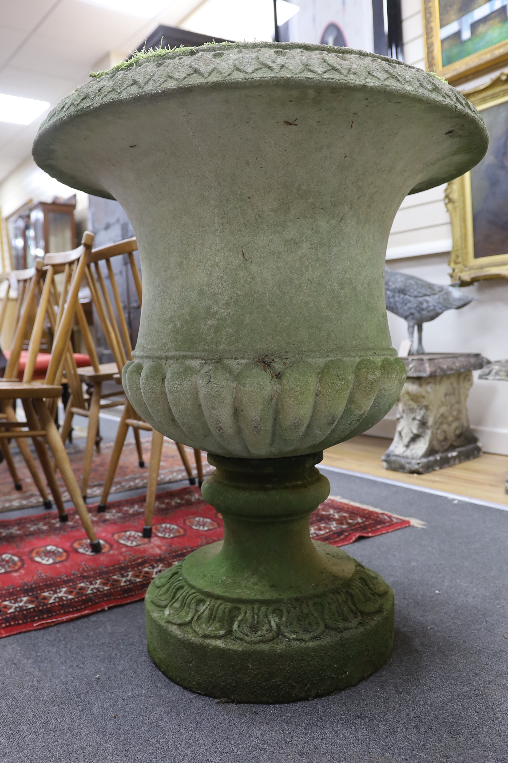 A large reconstituted stone campana garden urn, diameter 75cm, height 89cm
